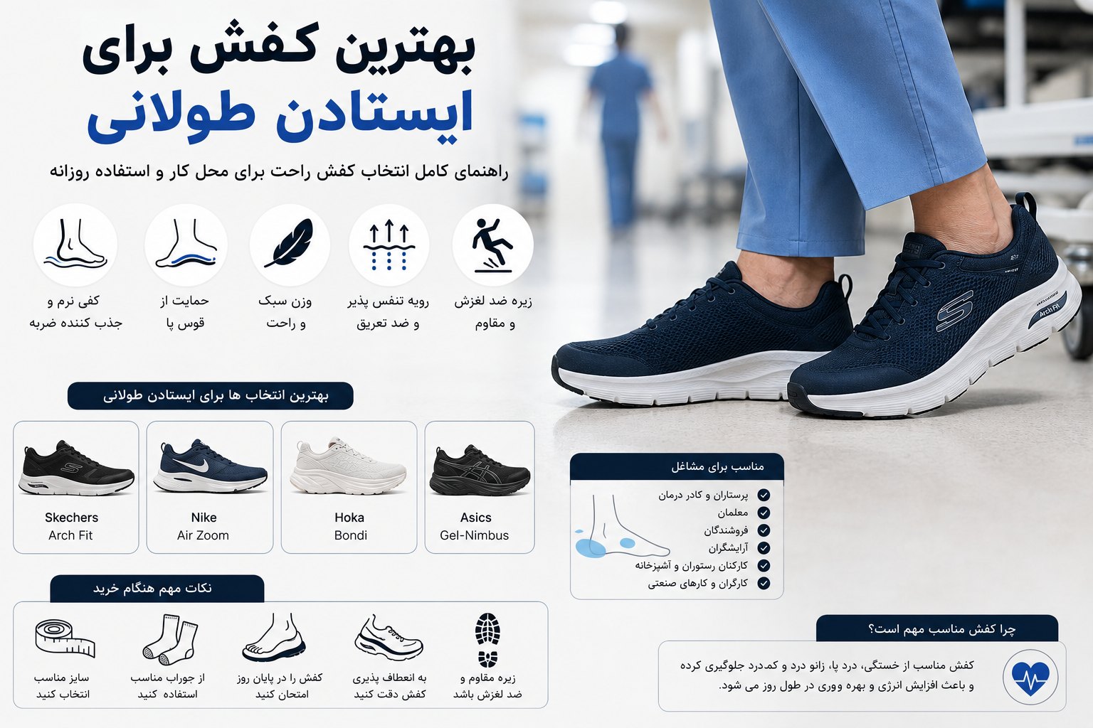 بهترین کفش برای ایستادن طولانی | راهنمای کامل انتخاب کفش راحت برای محل کار و استفاده روزانه