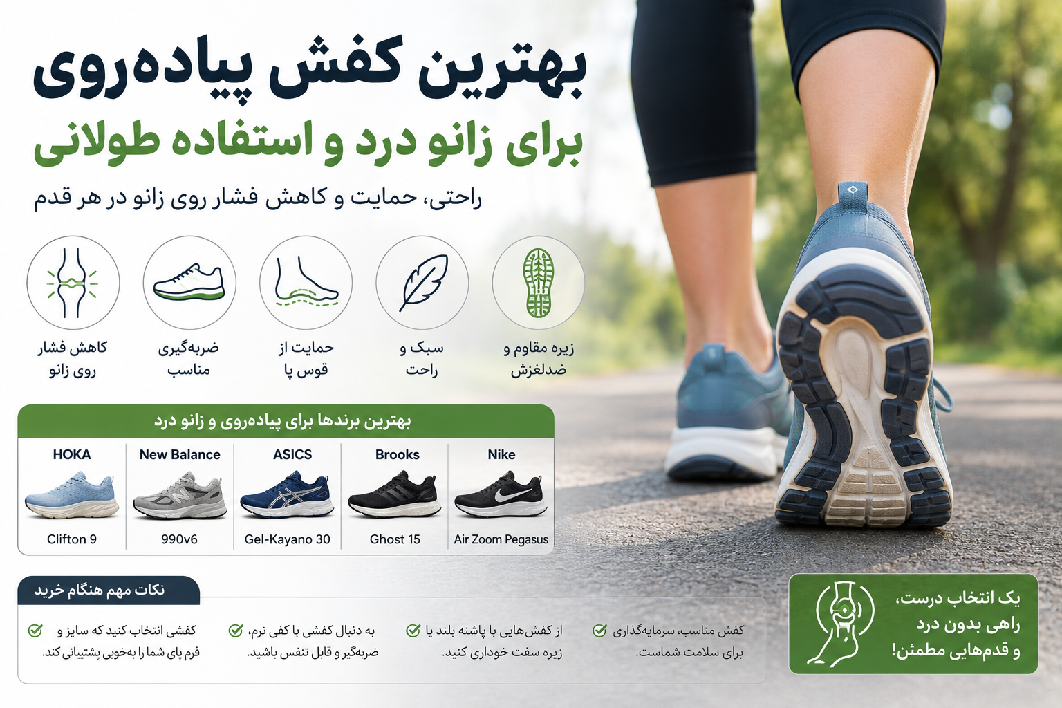 بهترین کفش پیاده‌روی برای زانو درد و استفاده طولانی | راهنمای انتخاب کفش مناسب برای سلامت پا و مفاصل